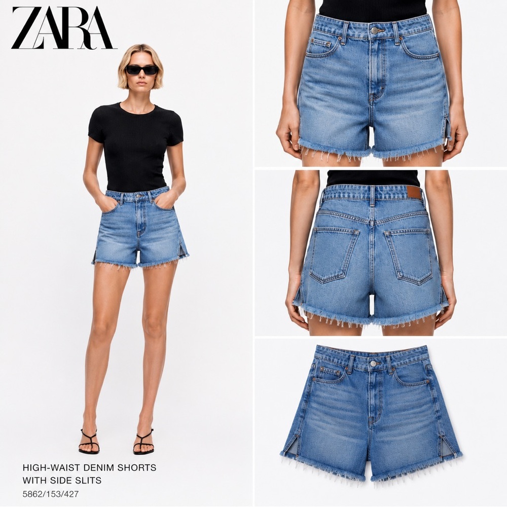 ZARA High Rise Light Wash Denim Cutoff Shorts Raw Hem Side Slit Size 2